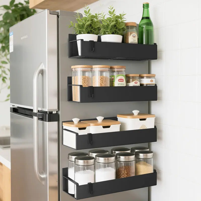 Magnetic Spice Rack Organizer Black Fridge Storage with Hooks for Refrigerator & Oven
