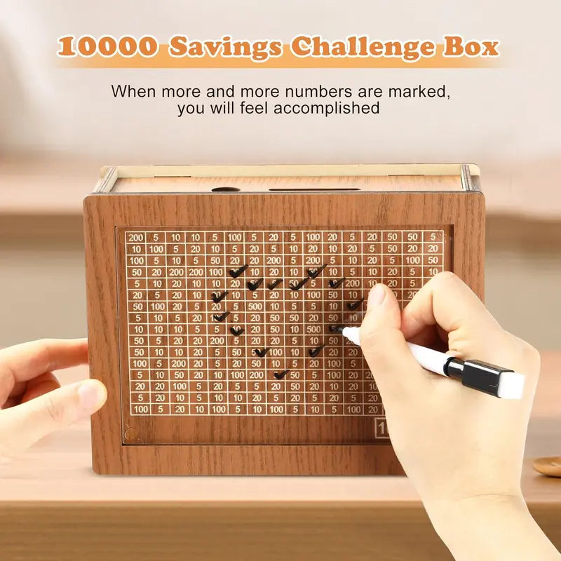 Cash Savings Challenge Box Wooden Piggy Bank for Kids, Teens & Adults Financial Goals
