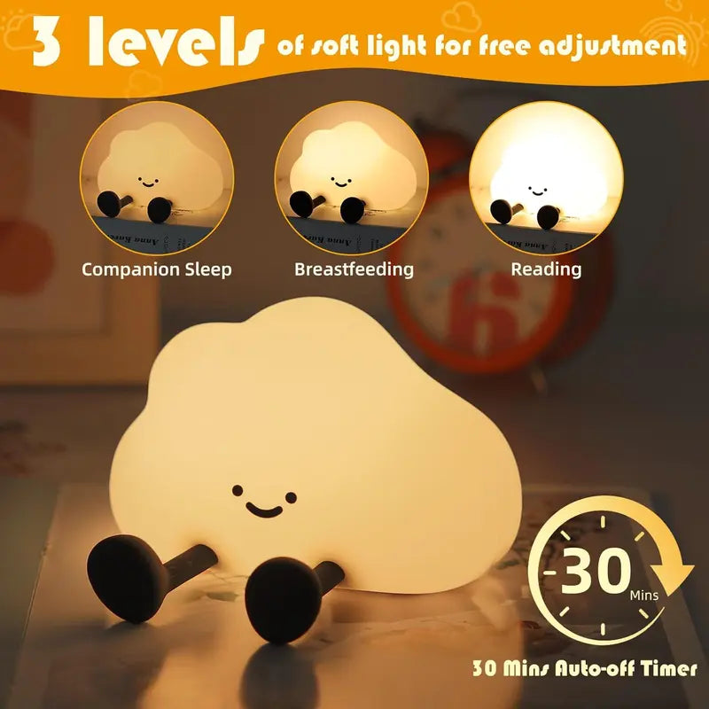 Cloud Shaped Night Light USB Rechargeable Silicone Lamp with 3-Level Dimmable Light