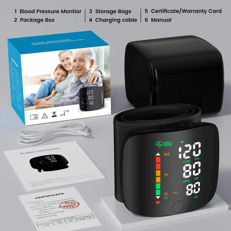 Wrist Blood Pressure Monitor – Rechargeable BP Cuff with LED Touch Screen & Voice Guidance
