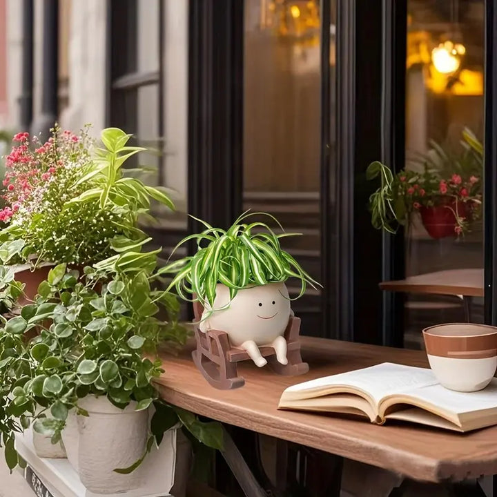 Smiley Face Garden Planter Pot Cute Rocking Chair Resin Succulent Pot with Drain Hole